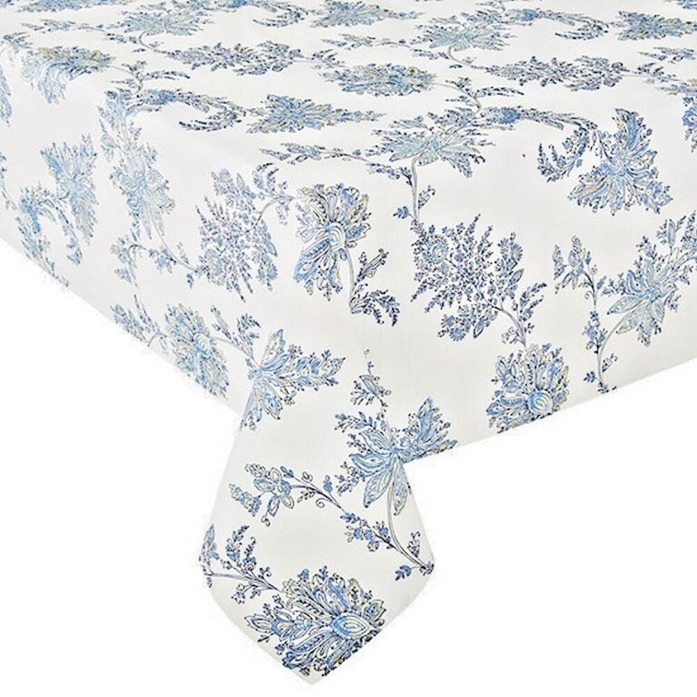 Shiloh Floral Fabric Tablecloth Jacobean Print Ivory Blue Rectangle 60x84"